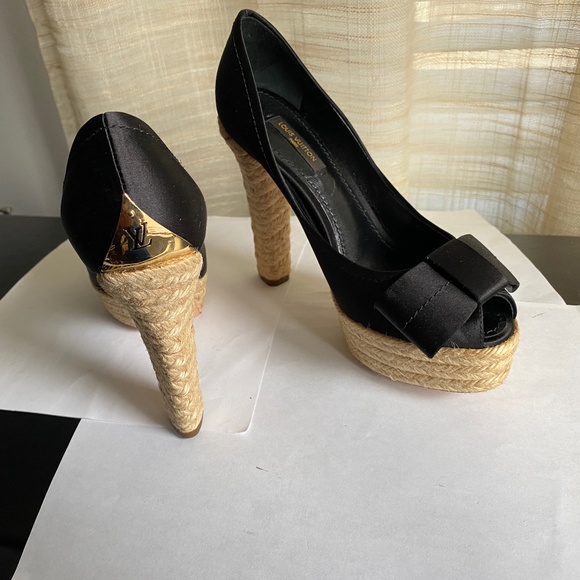 Louis Vuitton satin black espadrille clogs heels pumps platforms 36 Rivoli bow - Picture 1 of 12